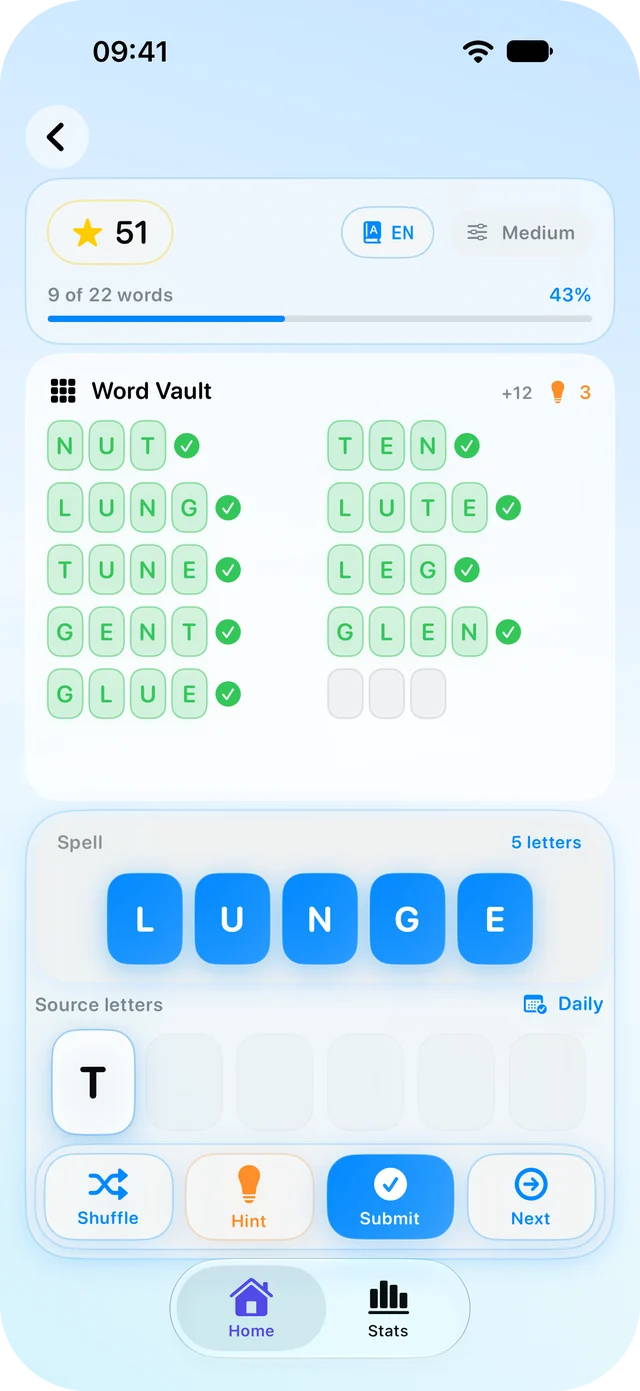 The English daily board of October 11, 2026 on iPhone, part-way through: 9 of 22 words found for 51 points on Medium, NUT, LUNG, TUNE, GENT, GLUE, TEN, LUTE, LEG and GLEN in the Word Vault, L U N G E in the tray, and a Daily label above the letters