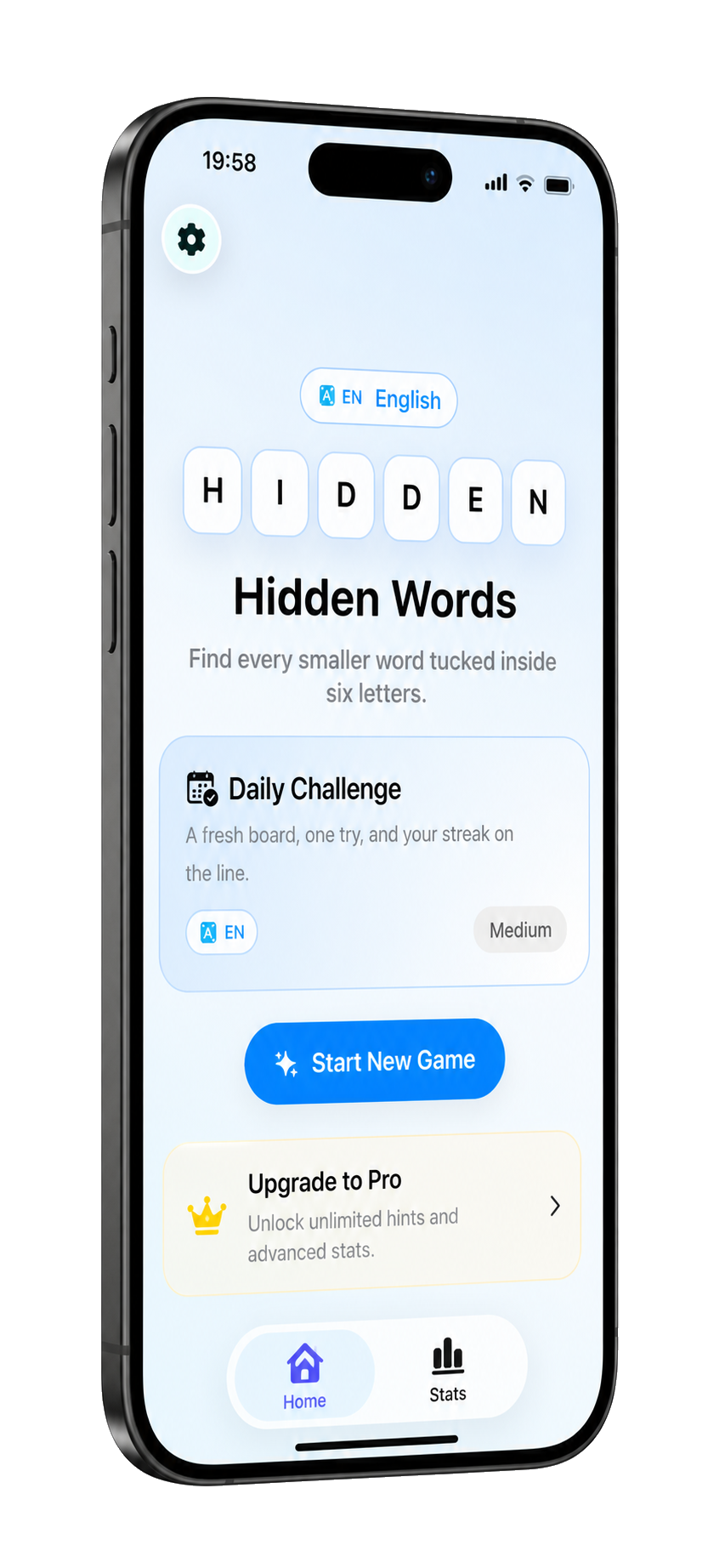 Hidden Word Puzzle showing six letter tiles, daily challenge, and start game controls on iPhone