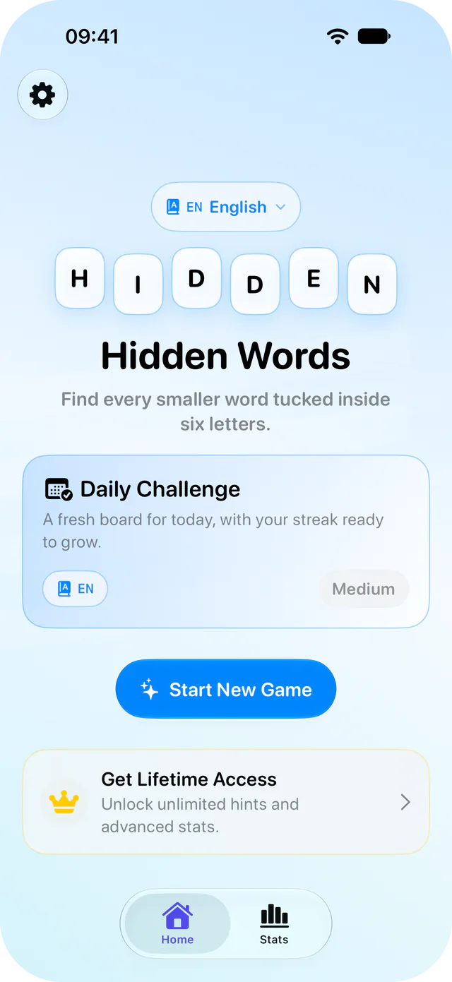 Hidden Word Puzzle home screen on iPhone: HIDDEN in letter tiles, English selected, a Daily Challenge card, a Start New Game button and a Get Lifetime Access card