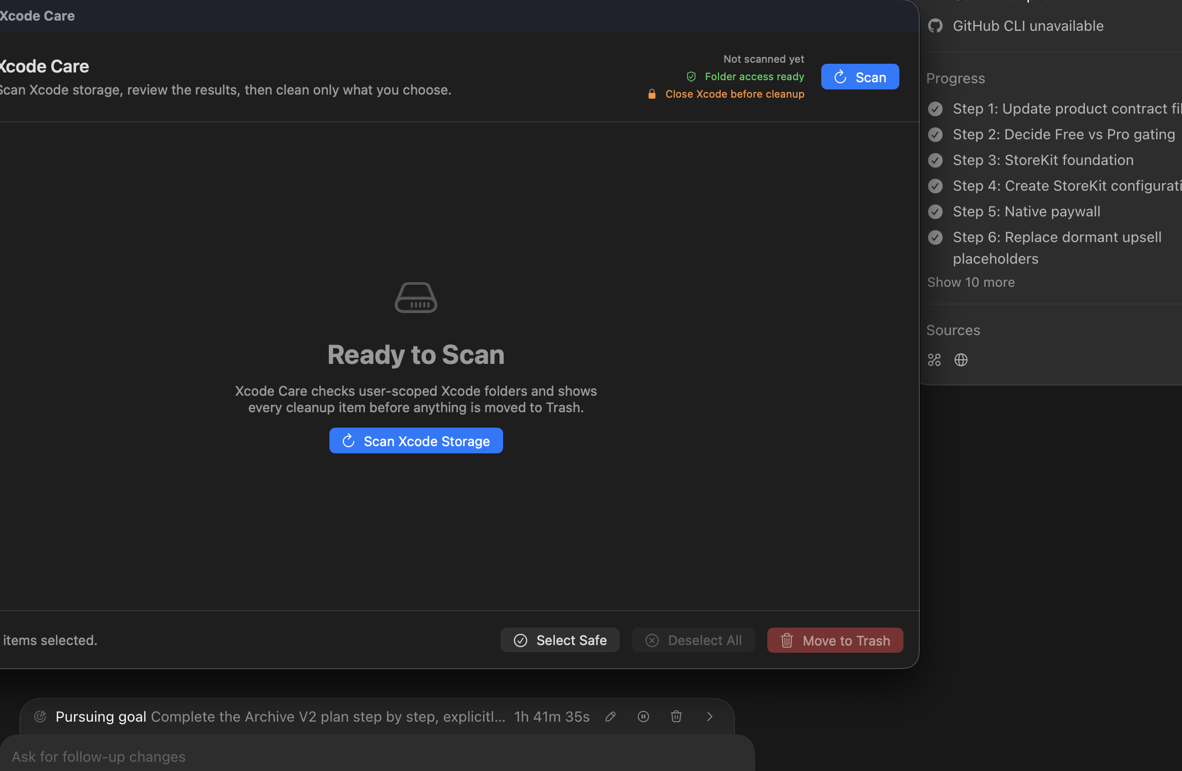 Xcode Care showing a macOS review window with cleanup categories, sizes, and safety details