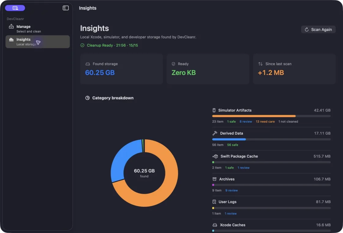DevCleanr Insights view breaking developer storage into categories and cleanup readiness