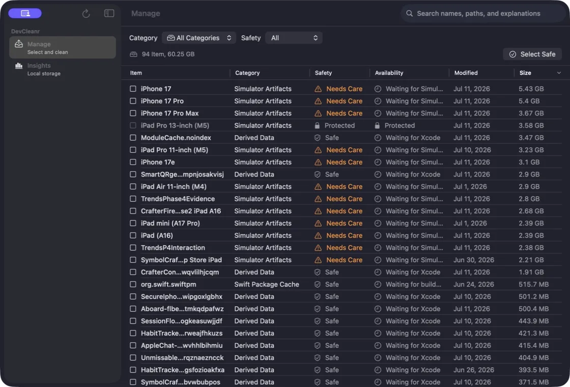 DevCleanr Manage view listing developer storage with category, safety, availability, date, and size columns